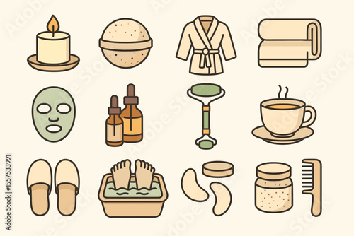 Spa essentials icon set featuring skincare, relaxation, and wellness items