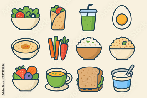 Colorful icon set of various foods and beverages