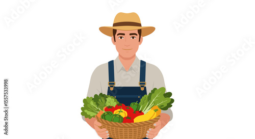 Illustration of a farmer holding a basket full of fresh vegetables and fruits harvest