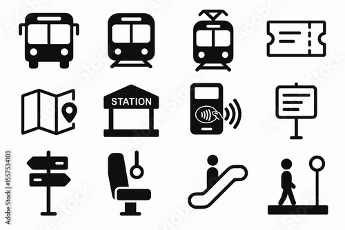 Transportation icon set: bus, train, ticket, map, station, mobile payment