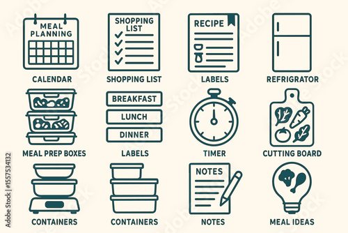 Kitchen organization icons: meal planning, recipe management, and storage solutions
