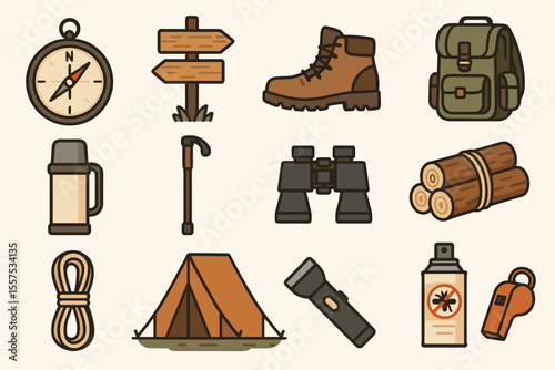 Camping gear icons: compass, hiking boots, backpack, tent, and more