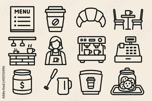 Cafe icon set: coffee, pastries, equipment, and decor elements