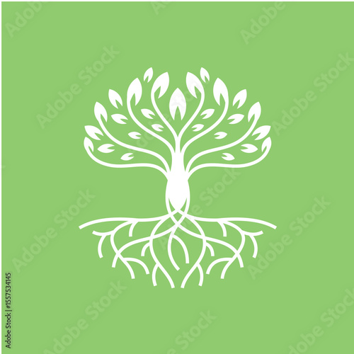 White Tree Graphic with Roots and Branches on Green Background