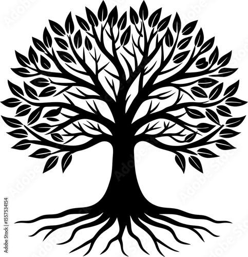 Stylized black silhouette of a tree with visible roots and leaves. tree silhouette vector. 