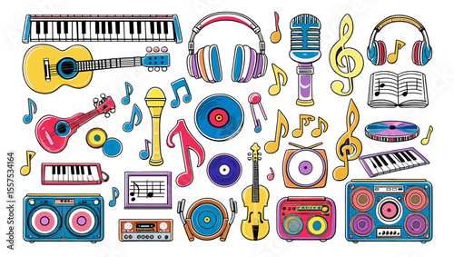 Collection of musical instruments and accessories including guitars and radios