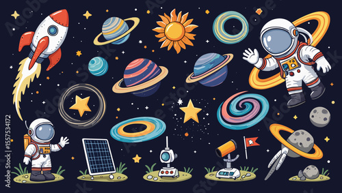 Illustration of a space scene with astronauts, planets, stars, and space equipment