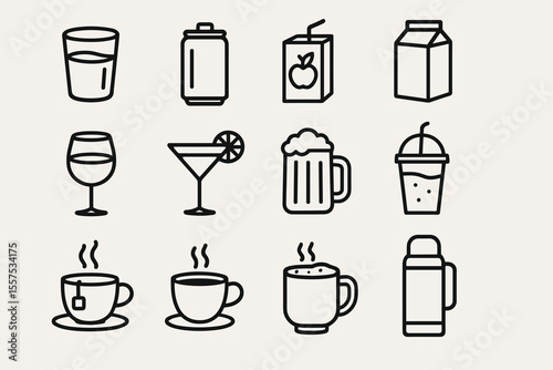 Assorted beverage icons: tea, coffee, juice, wine, milk, beer, cola