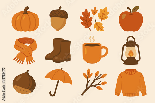Autumn icons: pumpkin, acorn, leaves, apple, lantern, cozy sweater