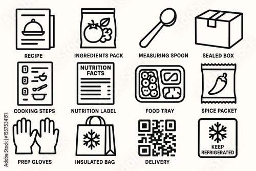 Meal kit icons: recipe, ingredients, nutrition, and packaging symbols