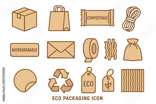 Eco-friendly packaging icons: biodegradable compostable recyclable design elements