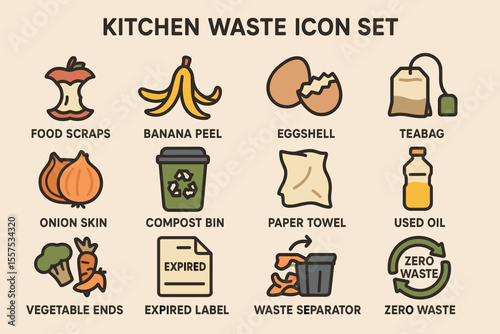 Kitchen waste icon set: food scraps, compost bin, zero waste symbols