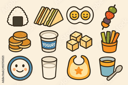 Cute cartoon icons of snacks and baby items