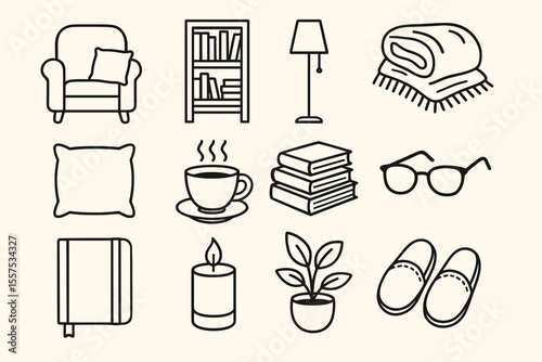 Cozy home essentials: furniture, books, blanket, plants, and warmth icons