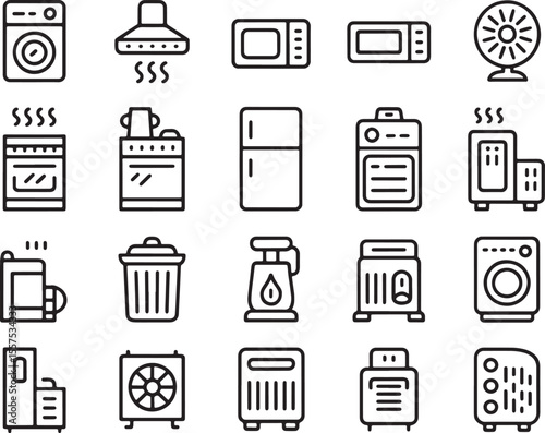 Collection of 20 Black and White Line Art Appliance Icons