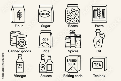 Pantry essentials icons set: flour, sugar, beans, pasta, canned goods, rice, spices, oil