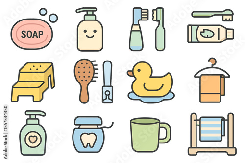 Bathroom essentials: soap, shampoo, toothbrush, toothpaste, rubber duck, towel, cup