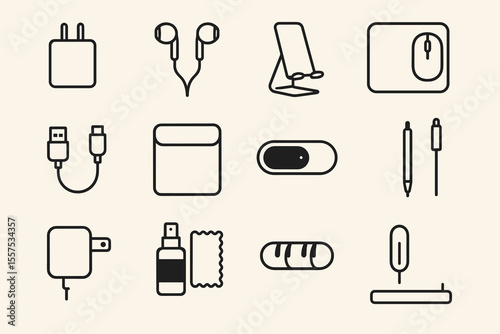 Minimalist icons of electronic accessories and gadgets