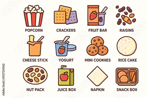 Assorted snack icons: popcorn, crackers, fruit bars, yogurt, cookies, and more