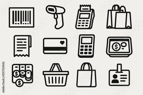 Retail icons collection: barcode, scanner, shopping bags, payment methods
