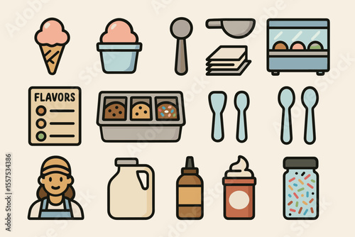 Ice cream icons: cones, flavors, scoops, and toppings illustrated
