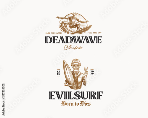 Vintage dead skull surfing on the wave logo template 