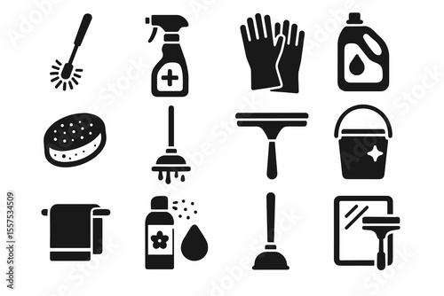 Essential cleaning tools and supplies icons set