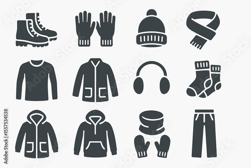 Winter clothing icons set: boots, gloves, jackets, hat, scarf, socks and more
