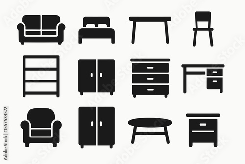 Set of black furniture icons featuring sofa, bed, table, chair, shelving, cabinet, and desk designs