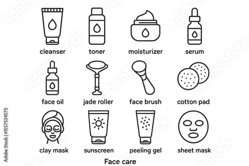 Essential face care products and tools: cleanser, toner, moisturizer, serum, face oil
