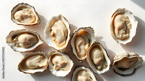 Fresh oysters in open shells with juicy texture on a clean white background — ideal for seafood menus or culinary visuals