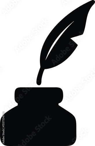 Ink Bottle and Feather Pen Vector Icon – Vintage Writing Tool Silhouette, Quill and Inkwell Clipart for Authors, Stationery, and Design
