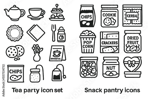 Tea party and snack pantry icon set featuring various treats and containers