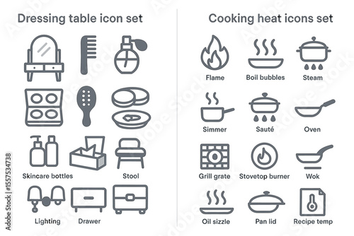 Dressing and cooking icons: furniture, cosmetics, kitchenware, cooking methods