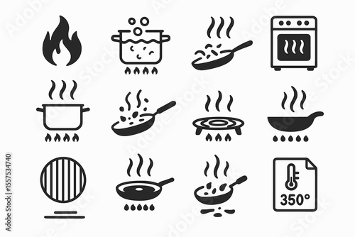 Cooking icons: pots, pans, ovens, and grills with heat and steam symbols