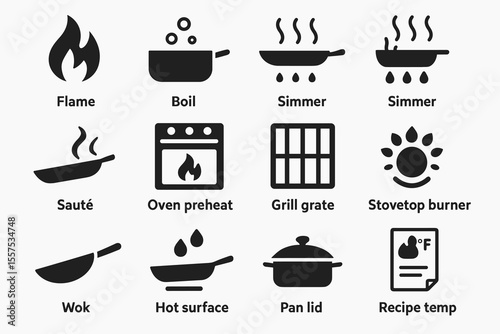 Cooking icons: flame, boil, simmer, sauté, oven, grill, wok, recipe