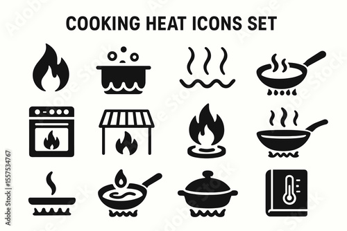 Cooking heat icons set: stove, oven, grill, pan, pot, thermometer