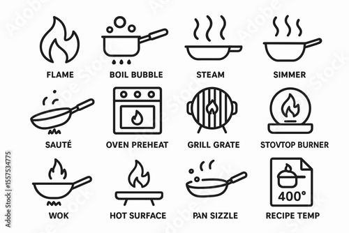 Cooking icons: wok, stovetop, oven preheat, and more kitchen symbols