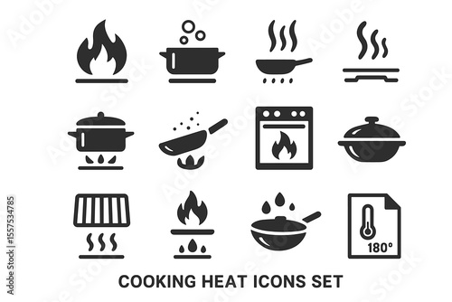 Set of cooking heat icons: stove, oven, pot, pan, grill, temperature symbols