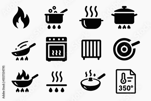 Black cooking icon set featuring pots, pans, flames, oven, and temperature