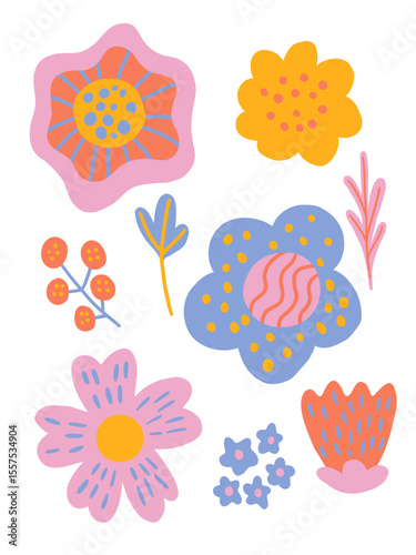 Set of abstract retro flower in funky groovy style. Collection of spring colorful flower elements.