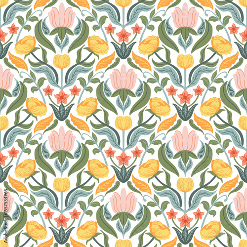 Colorful flower seamless pattern with folk art design elements. Decorative floral pattern for textile, fabric, wallpaper, background.