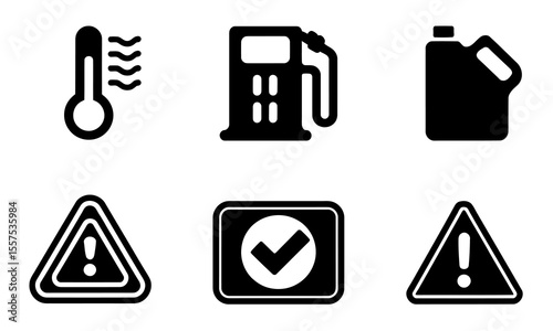 Thermometer, Fuel Pump, Gas Can, Warning, and Check Icons