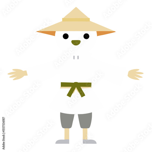 a cute cartoon illustration of a scarecrow character wearing a traditional conical Asian hat, white robes with a green belt, and sandals, with arms outstretched in a welcoming pose.