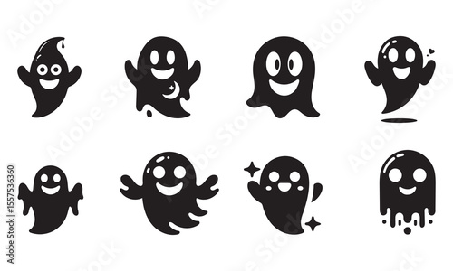  Set of Halloween silhouette ghost emoji vector illustration 