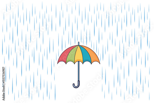Umbrella with cartoon raindrops falling from sky, flat vector design in soft pastel tones for nursery art, children’s educational visuals, and rainy season graphics
