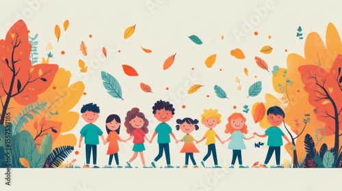 Happy children holding hands amidst falling autumn leaves.