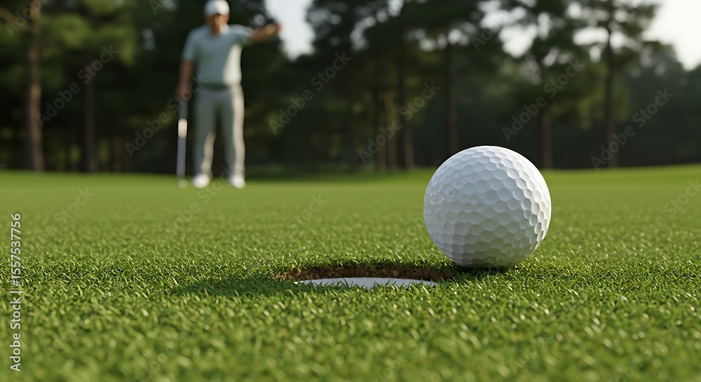 Obraz premium Golf Ball on the Edge of a Hole with a Golfer in the Background