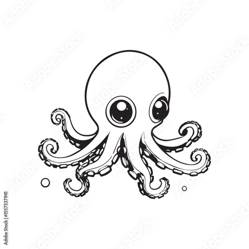 A kawaii-style octopus character with large sparkling eyes and detailed tentacles in black and white line art. Perfect for coloring books, kids' education materials, underwater-themed designs,