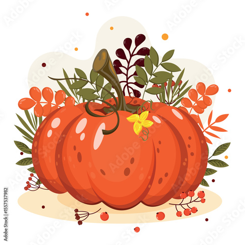 Autumn illustration, hello autumn, harvest banner, red pumpkin and colorful leaves, postcard.